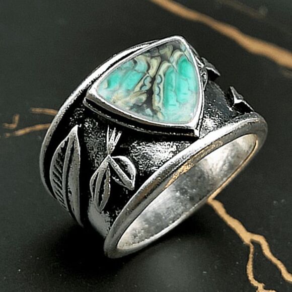 SILVER TURQUOISE GEOMETRIC BOHO WESTERN LEAF UNISEX RING - Picture 2 of 5